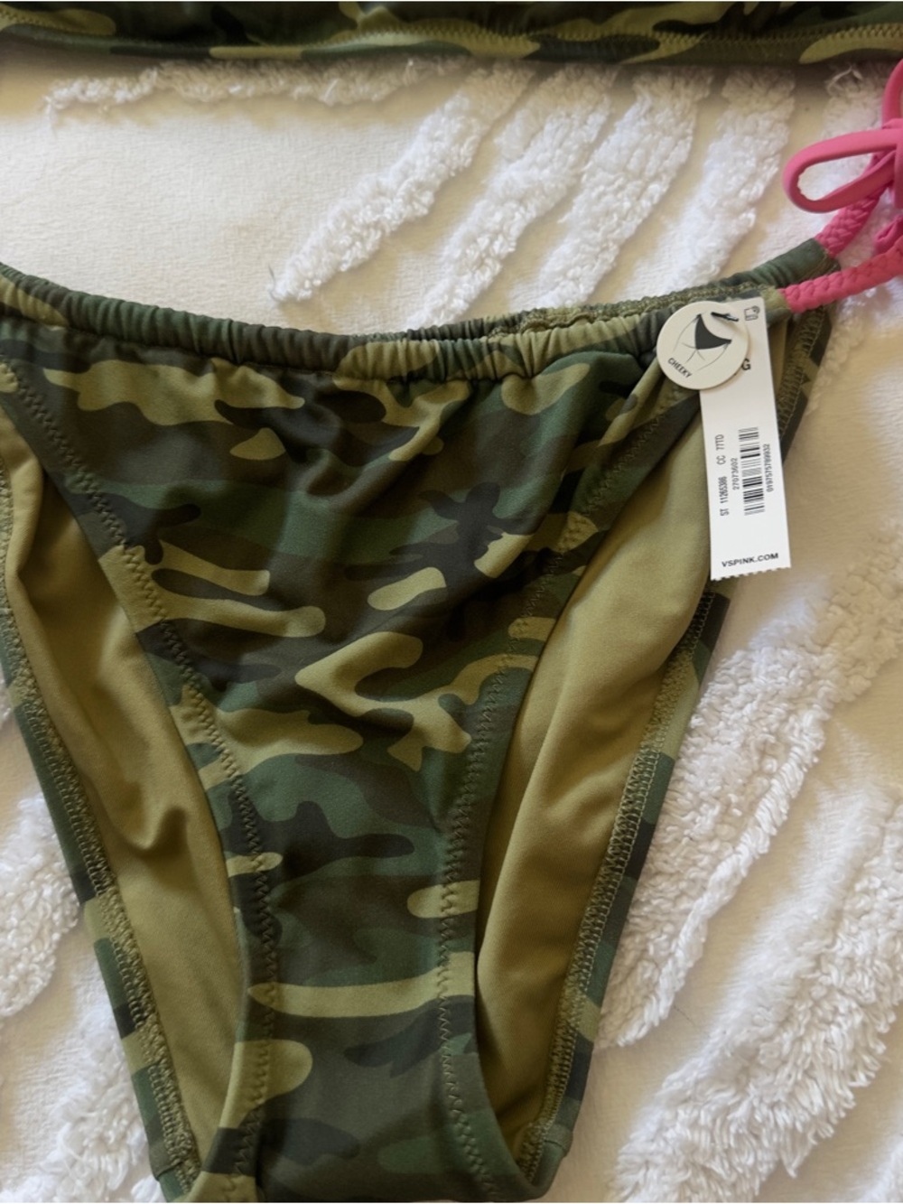 PINK Victoria's Secret Green Camo Bandeau Bikini with Pink Tie Sides - Picture 5 of 6